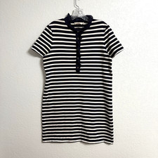 Tory Burch Dress Womens Large Navy White Stripe Ruffle Neck Preppy