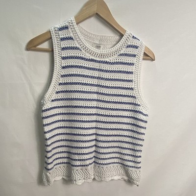 J.Crew Factory Women s S White Blue Striped Crochet Cotton Crew Neck Tank Top