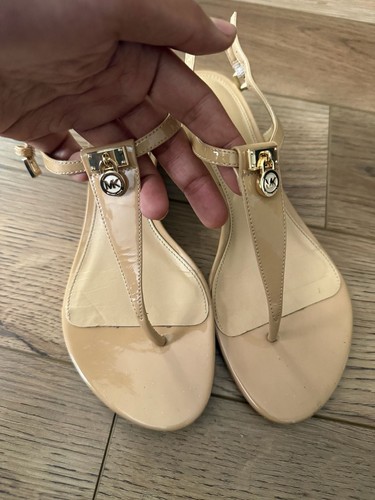 Michael Kors Nude Patent Leather T-Strap Wedge Sandals with Logo Lock Detail