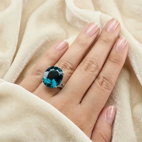 925 Sterling Silver White Gold Rings Luxurious Lagoon Blue Tourmaline 16.45Ct