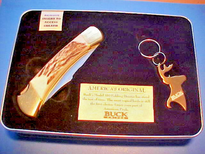 CUSTOM BUCK 110 KNIFE COMMEMORATIVE ELK STAG HANDLE TIN BOX KEY CHAIN SHEATH