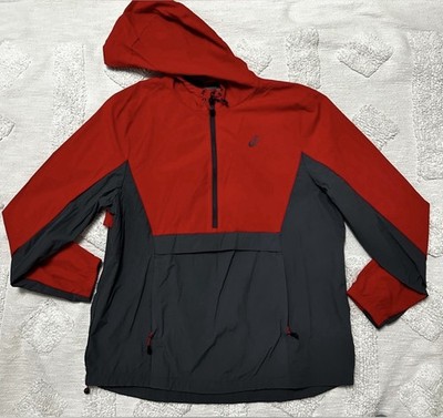 Asics Men's Hooded Windbreaker Jacket Red Gray Colorblock Size L Lightweight