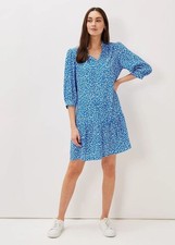 Phase Eight Penele Knee Length  Tiered Swing Dress Ditsy Blue Print RRP: £89