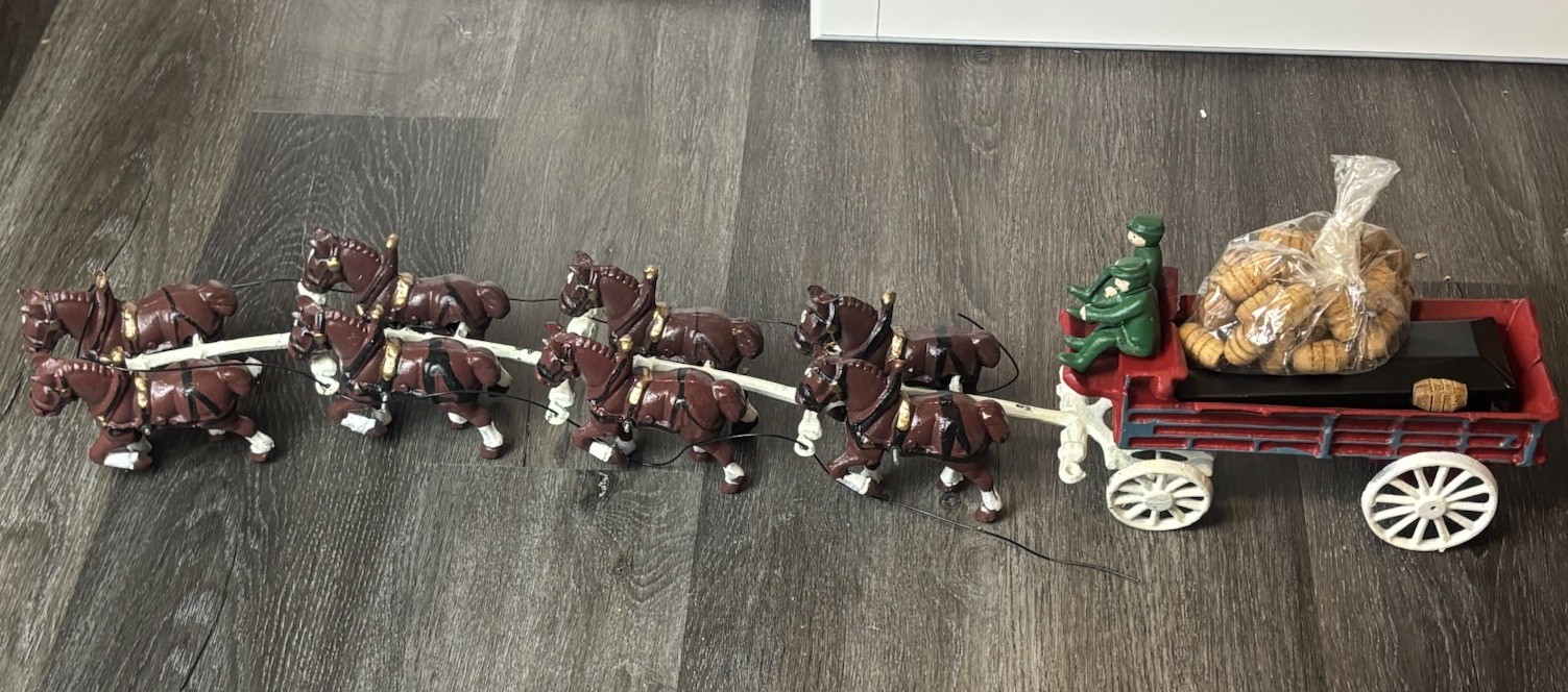 Cast Iron 8 Horse Clydesdale Drawn Wagon 35 Kegs 2 Drivers 1 Dog *Reproduction*