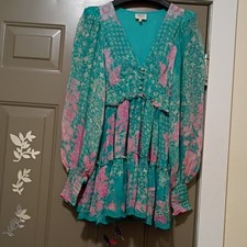 Hemant & Nandita Teal Pink Floral Chiffon Mini Dress Ruffle Tie Long Sleeve XS