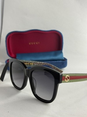 Authentic New Gucci GG0034SA 002 54MM Black Green Red Stripe Grey Sunglasses