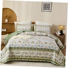 Floral Quilt Set Size Flower Pattern Quilts Bedspread King Green Brown