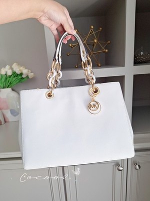 NWT Michael Kors Cynthia Satchel White chain bag leather triple compartment $348