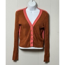 Daily Practice Anthropologie Women Ribbed Cardigan Brown Pink Colorblock Sz XS P