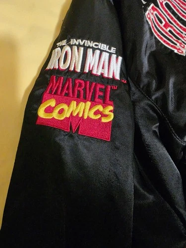 Marvel Comics Iron Man Varsity Jacket Satin Snap Front Embroidered Black XL image 4