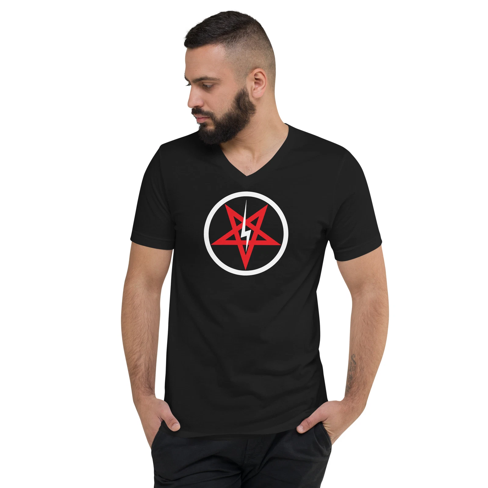 Satanic Church Sigil Bolt Inverted Pentagram Unisex Short Sleeve V-Neck T-Shirt