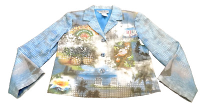 Vtg EUC Nancy Bolen City Girl Sky Blue Blazer Jacket Tropical Sequin Beaded PM