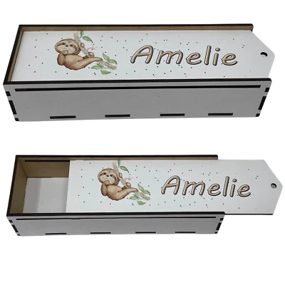 FADENSALAT Stiftebox aus Holz personalisiert Geschenk Einschulung Stifte Etui Faultier