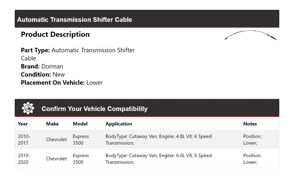 For 2010-2020 Chevrolet Express 3500 Cutaway Van  Dorman AT Shifter Cable Lower - Image 2 of 4
