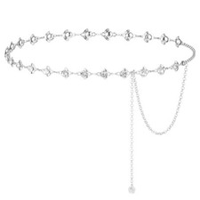 Chain Belt for Women, Rhinestone Flower Waist Chain, Adjustable One Size Sliver