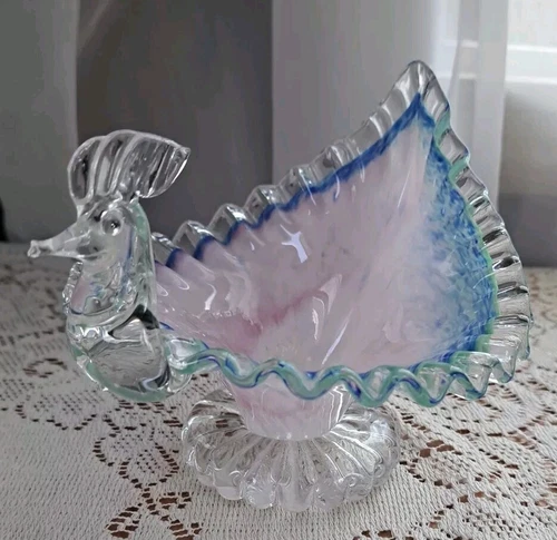 Vtg Art Glass Candy Dish Rooster Bird Murano Style Peacock Ribbon Edge  Bowl