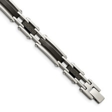 Mens 8.25" Stainless Steel Black Plated Solid Black Carbon Fiber Links Bracelet