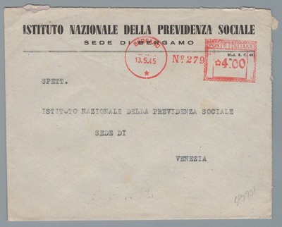 SP0901 Marcofilia: mecc. Red: INPS - Bergamo - 13/5/45 Chiseled Beams