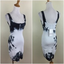 NWT ZARA Dark Blue White Tie Dye Ribbed Fitted Scoop Neck Dress Womens sz Small