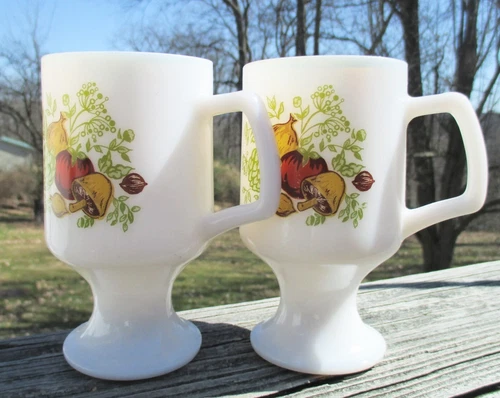 Vintage Footed Pedestal Milk Glass Mugs Corning Spice of Life Mushroom Veggies