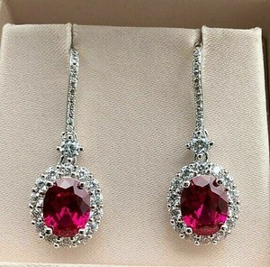 Authentic Oval Cut Simulated Pink Ruby 14k White Gold Plated Stunning Drop Dangle Earring