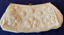 Vintage White Floral Seed beaded Clutch Handbag Wedding Purse w/ Brass Clasp GC