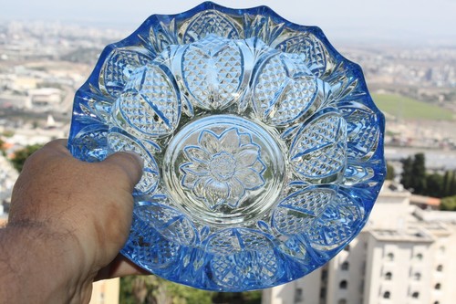 Tolle Vintage hellblau Kristall Glas Salat Obst schwere Schüssel Böhmen? "8" - Bild 5 von 9
