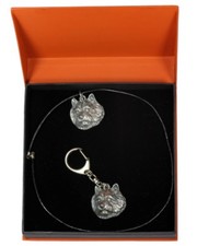 Norwich Terrier - necklace, keyring, set with a dog in orange box, Art Dog USA