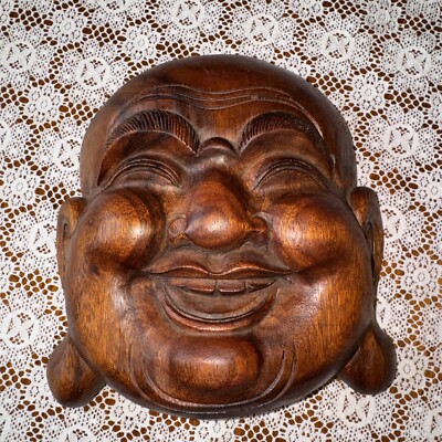 Wooden Hand Carved Happy Buddah Head~wall Hanging Or Standing~EUC~Smiling
