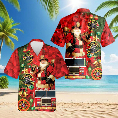 Santa Claus Firefighter 3D Hawaiian Shirt Men Christmas Short Sleeve Aloha Shirt