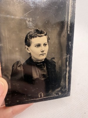Antique Tintype Photo: Serious Young Victorian Girl With Bangs Close Up Picture