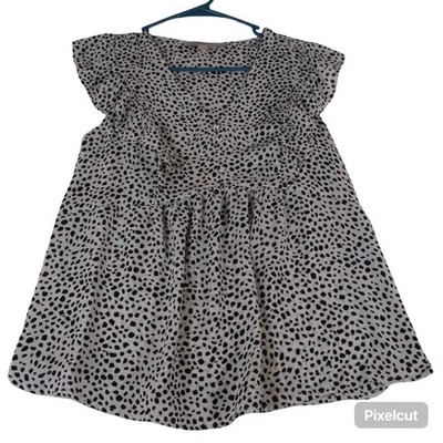 Loft Blouse Womens XS White Black Leopard Print Ruffle V Neck Flutter Sleeves