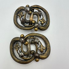 Antique Art Nouveau Victorian pair matching set brass floral cut steel buckles