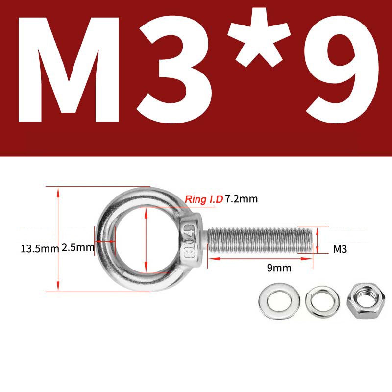 M3 M4 M5 -M30 Stainless steel lifting eye bolt A2 304 Marine grade longshank nut