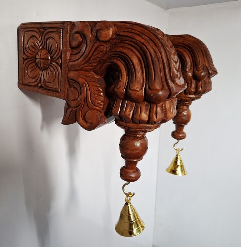 Wooden Wall Bracket Pair Bodhil Antique Finish Hand Carved with Brass Bells 9in - Picture 4 of 12