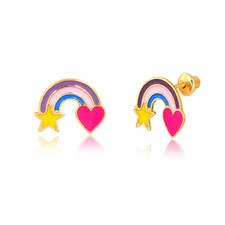 14k Gold Enamel Rainbow Earrings Studs with Push Backs