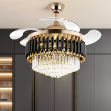 42"Crystal Chandelier Invisible Ceiling Fan LED 3-Color Change w/ Remote