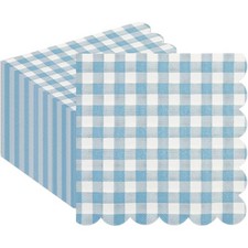 50PCS Blue Scalloped Gingham Paper Napkins Light Blue and White Striped,