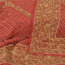 Sanskriti Vintage Indian Dupatta 100 Pure Georgette Silk Red Hand Beaded Stole