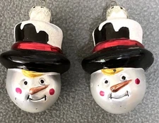 Snowman Head Glass Christmas Ornaments Set of 2 Scratches Top Hat
