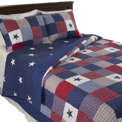 3-Piece Caroline Patriotic Quilt Set - Americana Stars and Plaid Patchwork Be...
