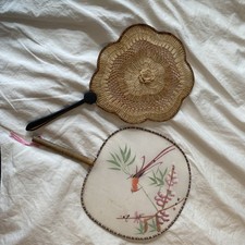Vintage Fans Hand Painted Bird And Woven