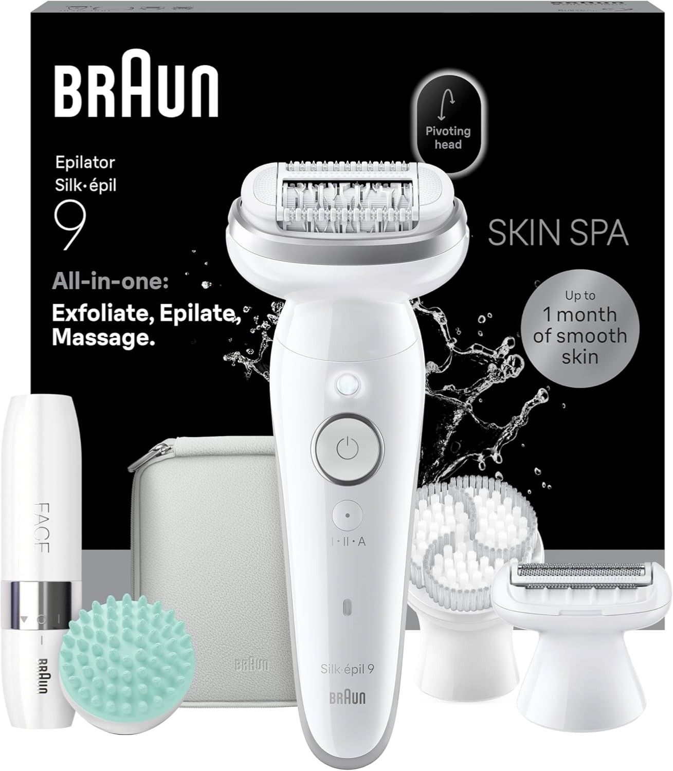 Braun Silk·épil 9 SkinSpa Epilator, All-in-One Set, Electric Hair Remover with P