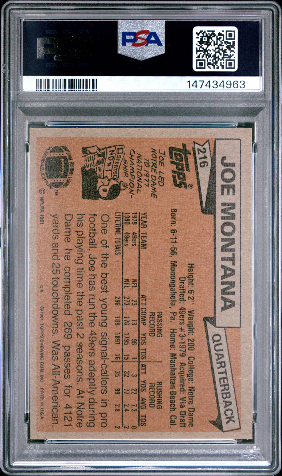 1981 TOPPS #216 JOE MONTANA ROOKIE RC PSA 6 view 2