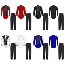 Mens Outfits Rhinestone Bodysuit Straight Sets Ballroom Long Sleeve Dance Stage