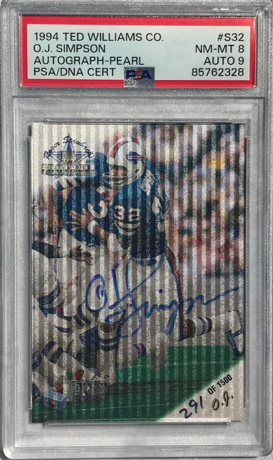 1994 Ted Williams Co. #S32 O.J.SIMPSON Auto PEARL PSA/DNA Cert NM-MT 8 Auto 9