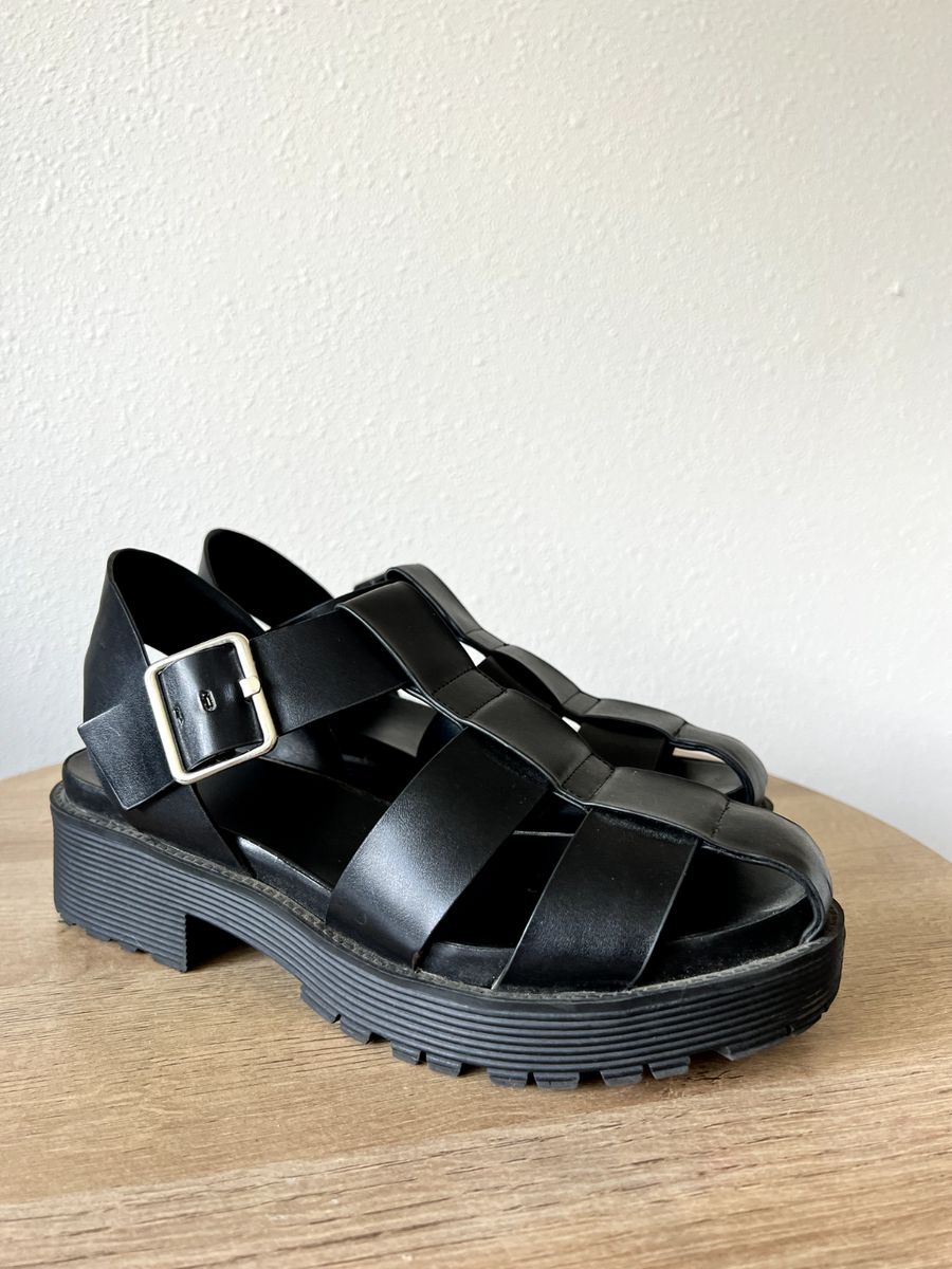 Zara Trafaluc Women's Black Leather Fisherman Platform Sandal,