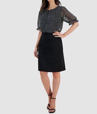Connected Apparel Women's Black Mixed Media Round Neck Puff Sleeve Dress Size 4