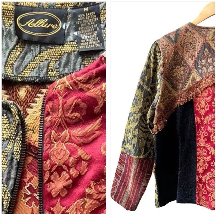 ALLURE Patchwork Jacket Full Zip Fringe Collarles… - image 2