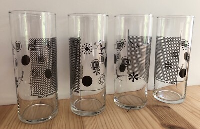 Set of 4 MCM Drinking Glasses, Echoes Magazine, Eames, Nelson, Saarinen, Breuer